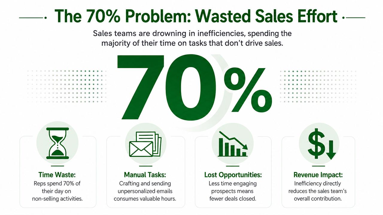 An infographic highlighting the 70% problem of wasted sales effort due to inefficiencies in sales tasks.