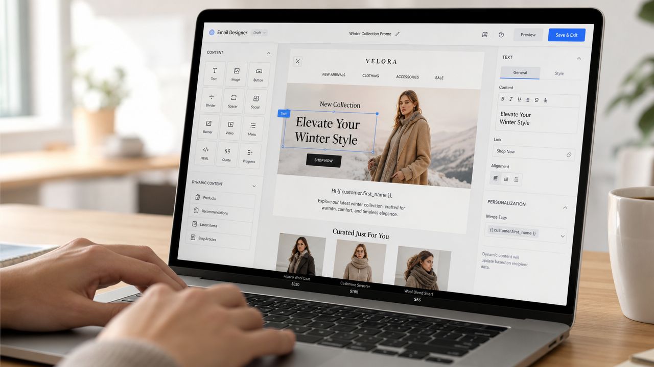 A designer using an email marketing software platform to edit a clothing brand's winter promotional newsletter.