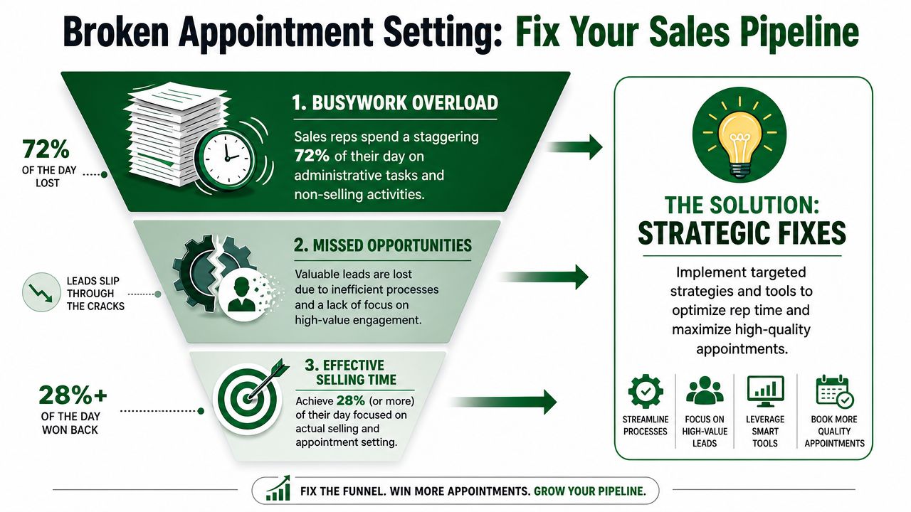 An infographic showing how to fix a broken sales pipeline by reducing administrative busywork for sales representatives.
