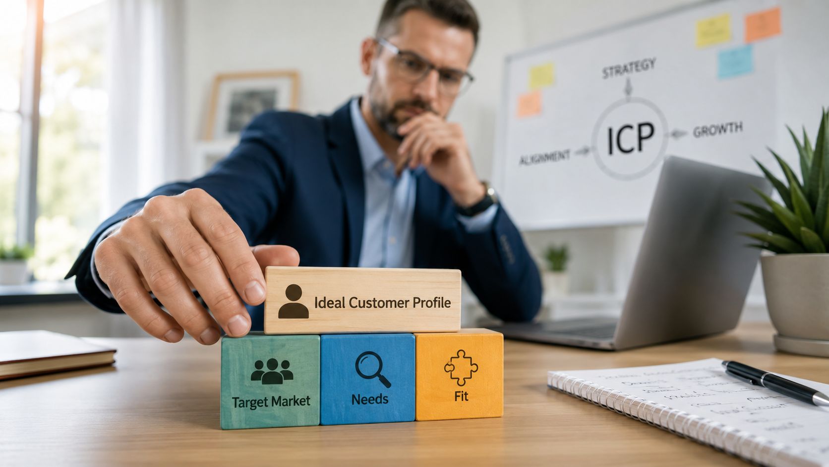 A professional man building a strategy using wooden blocks labeled Ideal Customer Profile, Target Market, Needs, and Fit.