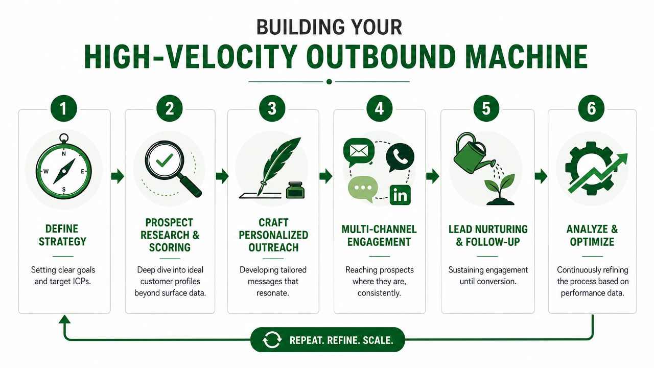 A six-step infographic illustrating the process of building a high-velocity B2B outbound sales machine.