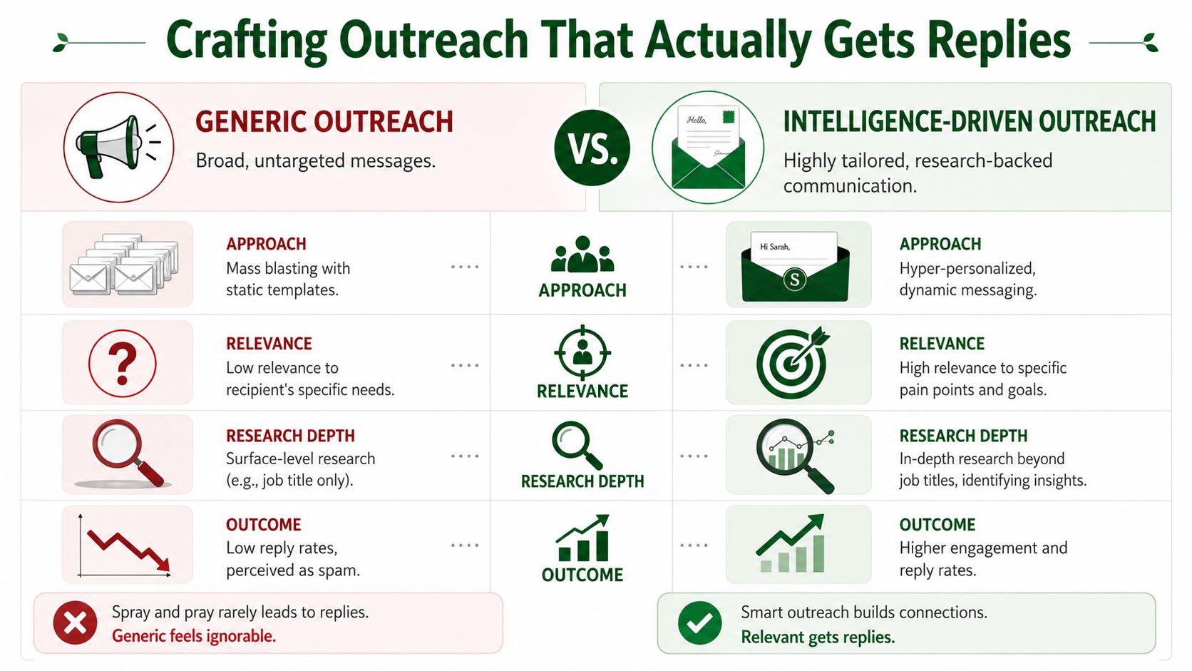 A comparison chart showing how generic outreach strategies differ from intelligence-driven outreach methods for better engagement.