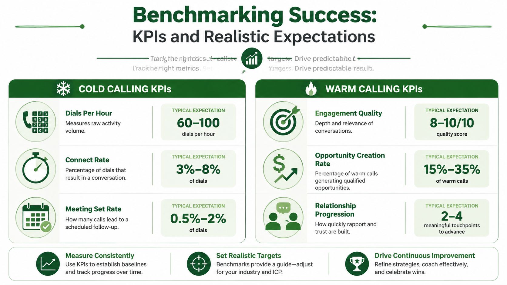 A chart comparing key performance indicators for cold and warm calling in sales outreach strategy.
