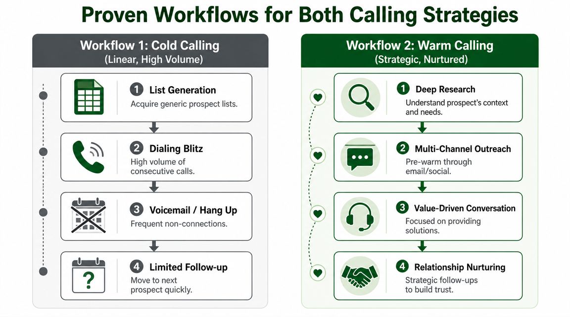 A comparison chart outlining the four steps for both cold calling and warm calling sales strategies.