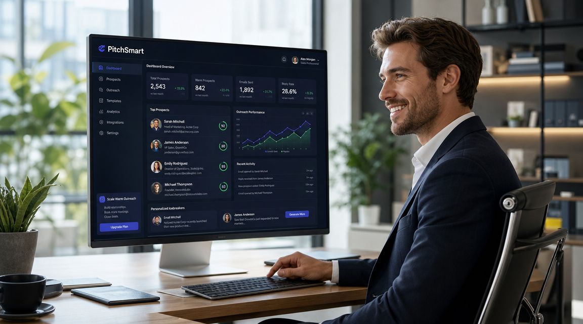 A professional man sitting at a desk using a computer to manage sales and outreach software.