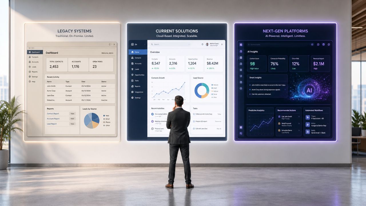 A businessman standing before three digital displays illustrating the evolution from legacy systems to AI-powered CRM platforms.