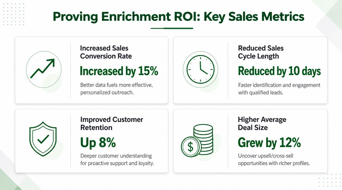 An infographic detailing four key sales metrics demonstrating the ROI of using CRM data enrichment tools.