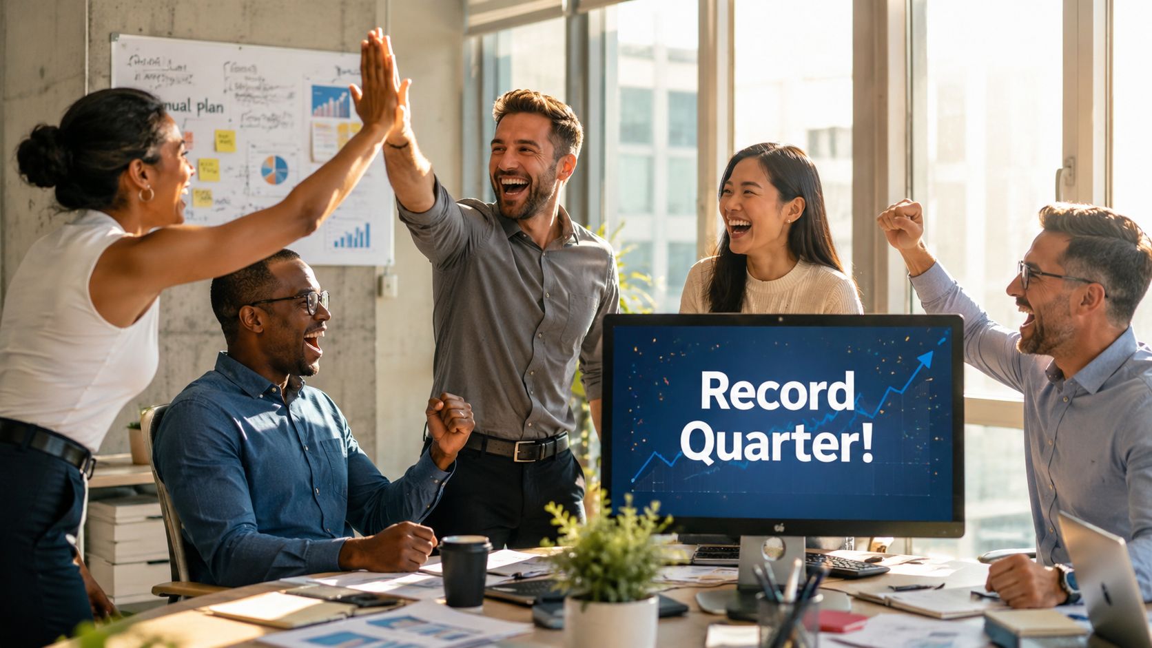 A diverse team of office colleagues celebrating a record sales quarter in a bright, modern corporate workspace.