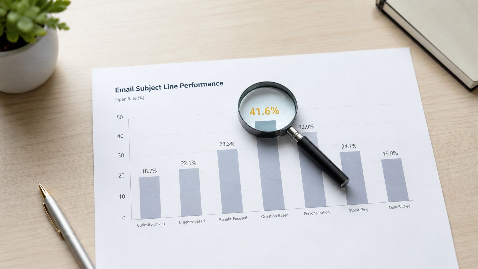 A magnifying glass focused on a bar chart showing email subject line performance metrics on a desk.