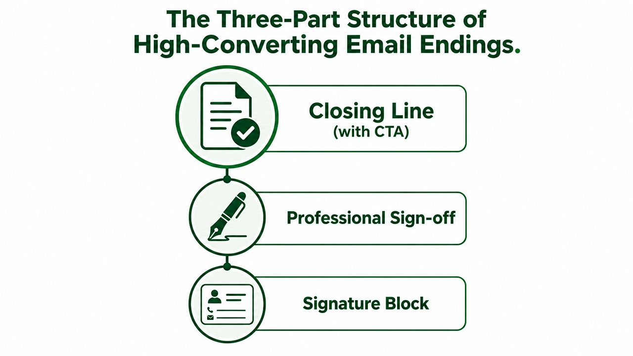 A diagram illustrating the three essential parts of high-converting business email endings: closing line, professional sign-off, and signature.