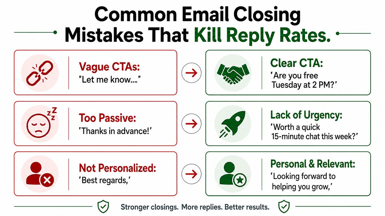 A graphic showing three common email closing mistakes and their effective, result-driven alternatives for better replies.