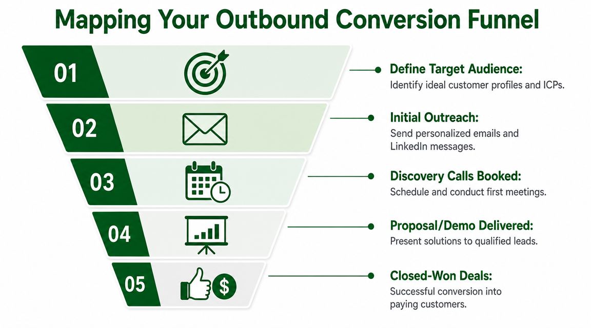 A five-step funnel chart illustrating the outbound conversion process from target audience identification to closing deals.