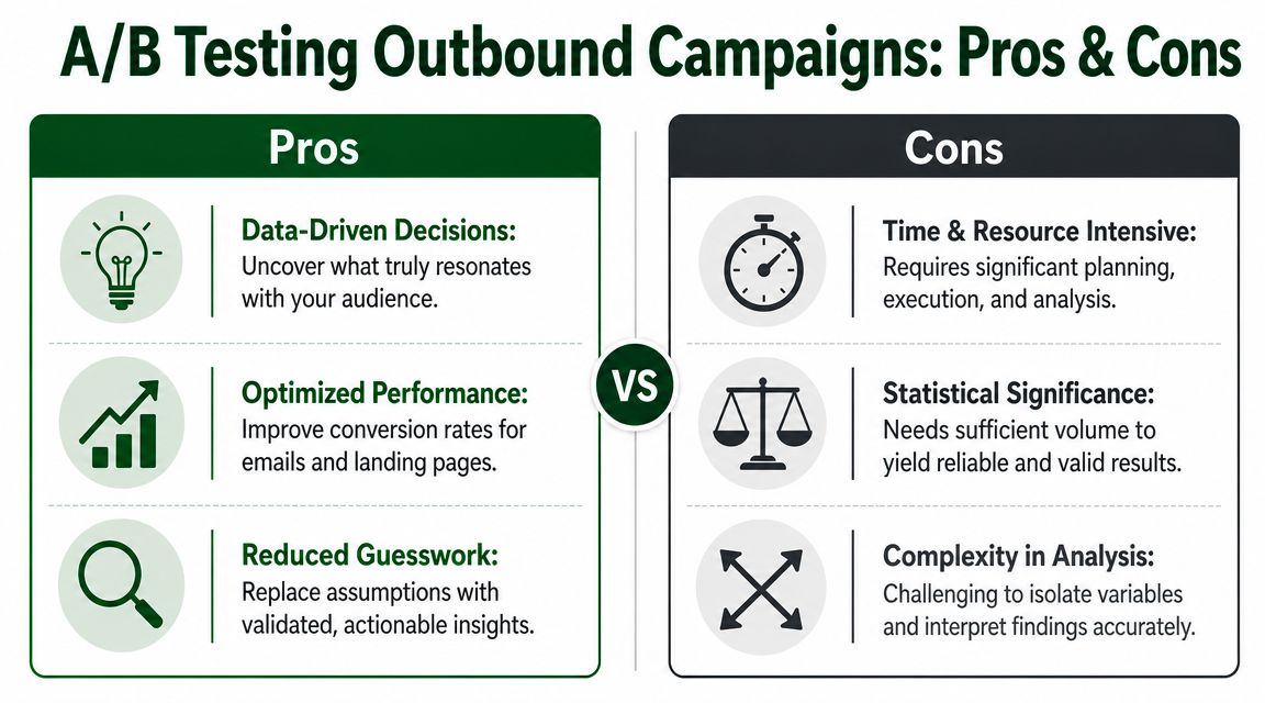 A comparison chart showing the pros and cons of A/B testing for outbound marketing campaigns.