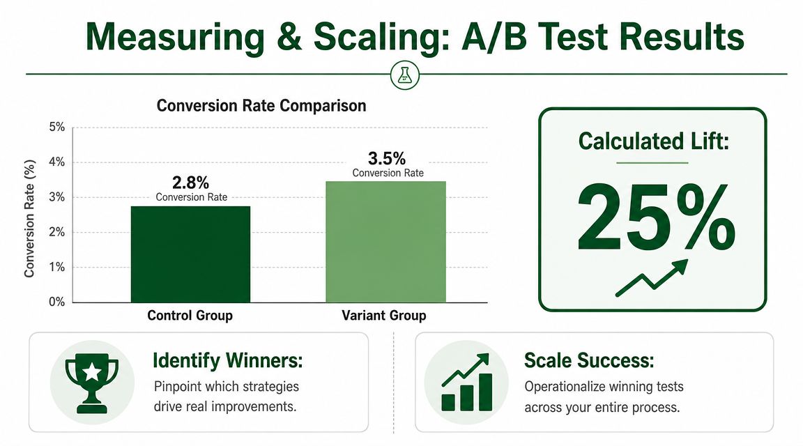 A chart showing A/B test results with a 2.8% control conversion rate and a 3.5% variant conversion rate.
