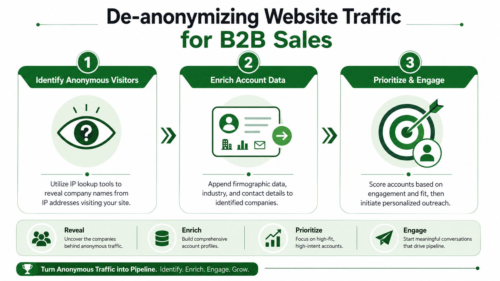 A three-step infographic explaining how to identify, enrich, and engage anonymous website traffic for B2B sales.
