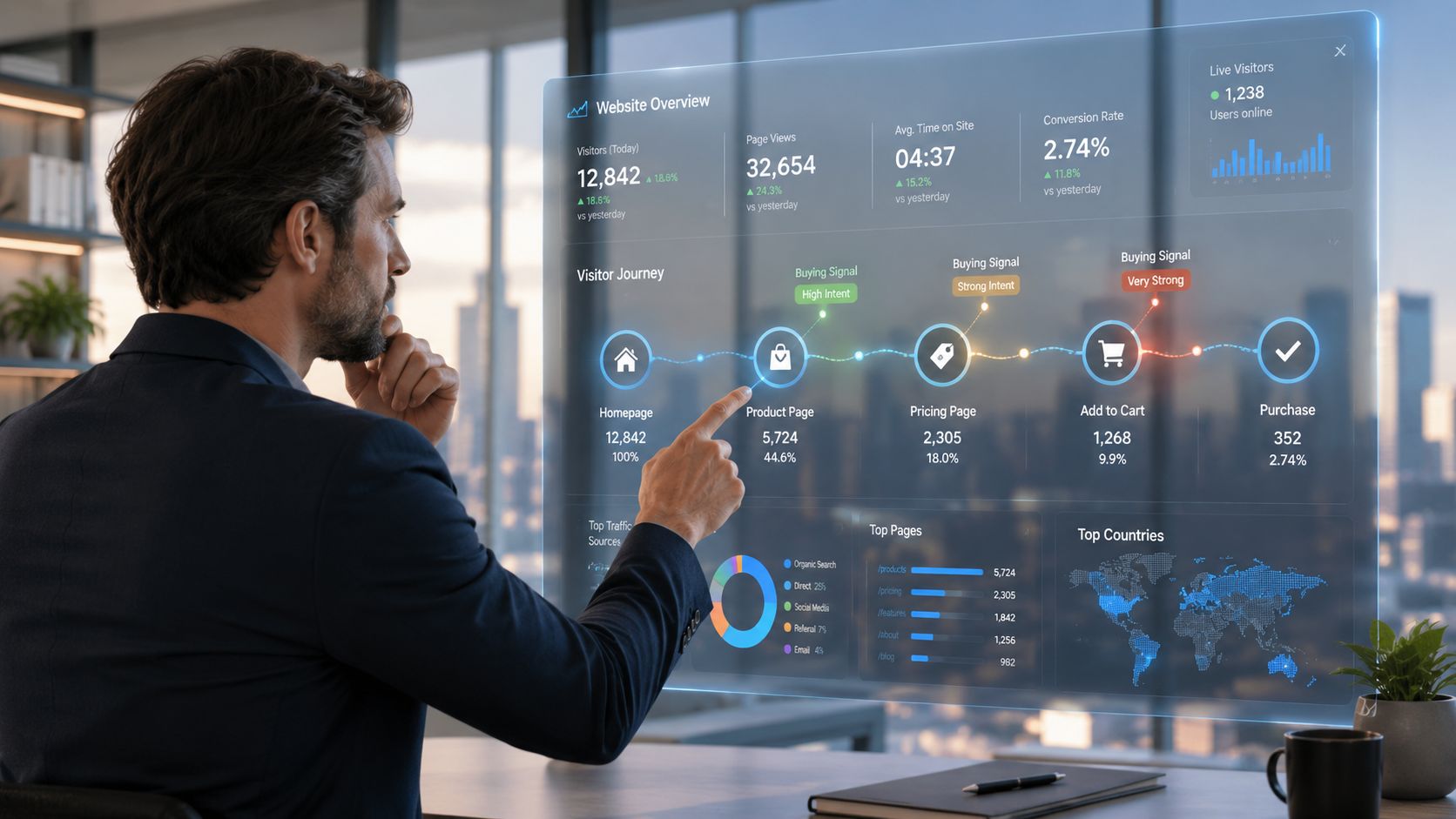 A professional man interacting with a futuristic digital interface showing real-time website analytics and user journey data.
