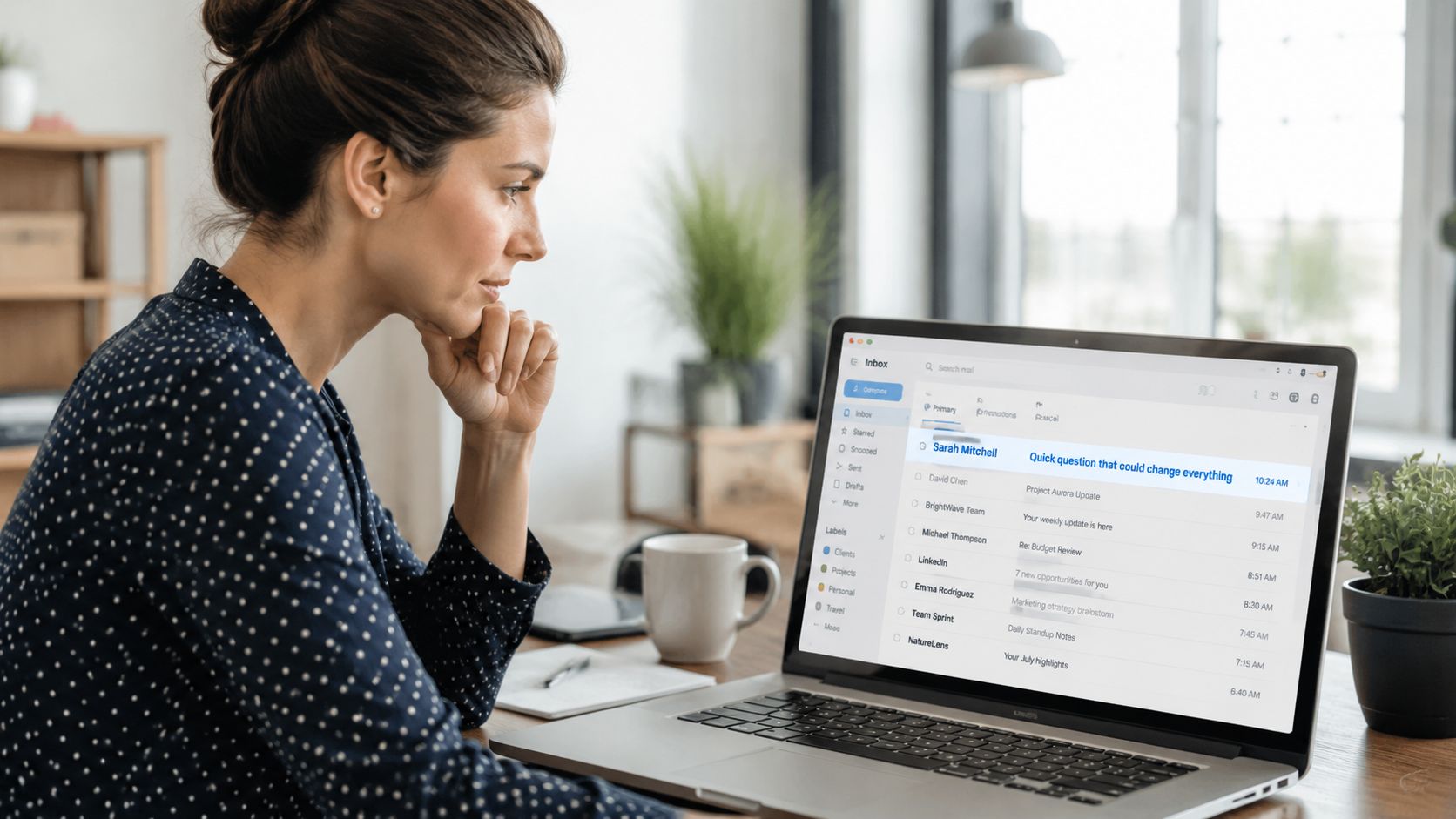 A professional woman in a polka-dot blouse looking thoughtfully at her laptop screen showing an email inbox.