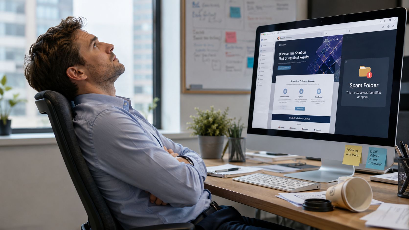 A professional man sitting at his office desk looking frustrated at a computer screen showing a spam folder notification.