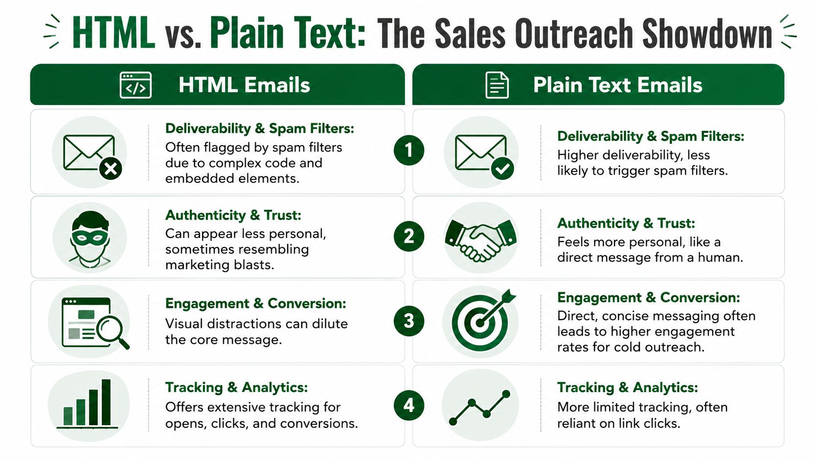 A comparison chart showing the advantages and disadvantages of using HTML emails versus plain text emails for sales.
