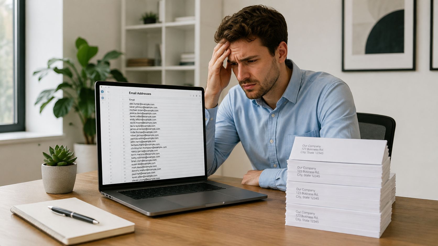 A stressed businessman looking at a list of email addresses on a laptop next to stacked envelopes.