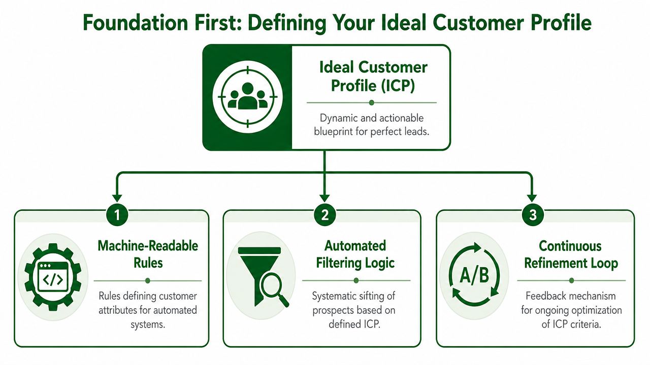 A diagram outlining the ideal customer profile process, including machine-readable rules, automated filtering, and refinement.