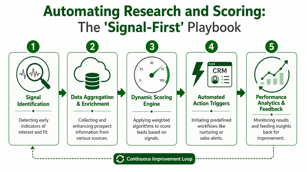 A five-step flowchart illustrating the Signal-First playbook for automating lead research and scoring processes.