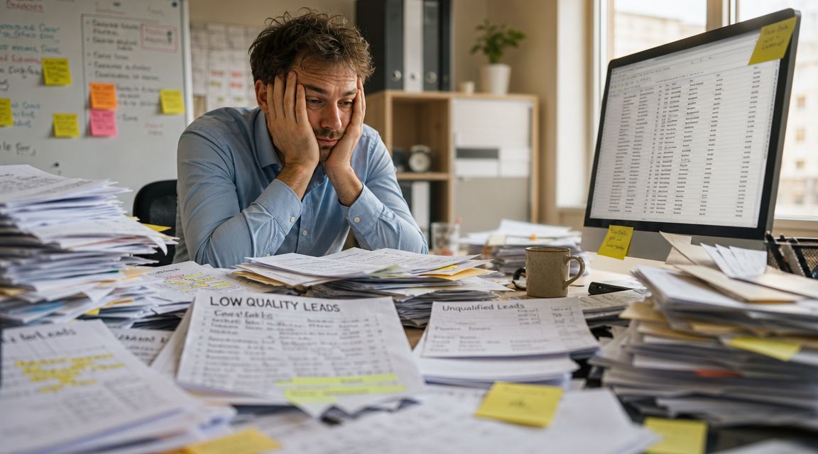 A tired office worker sitting at a desk overwhelmed by stacks of paperwork and lead documents.