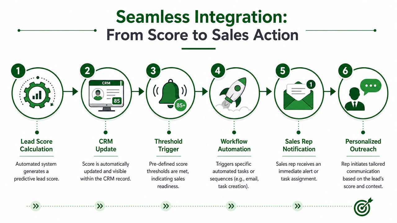 A six-step infographic illustrating the automated process of lead scoring to sales outreach and action.