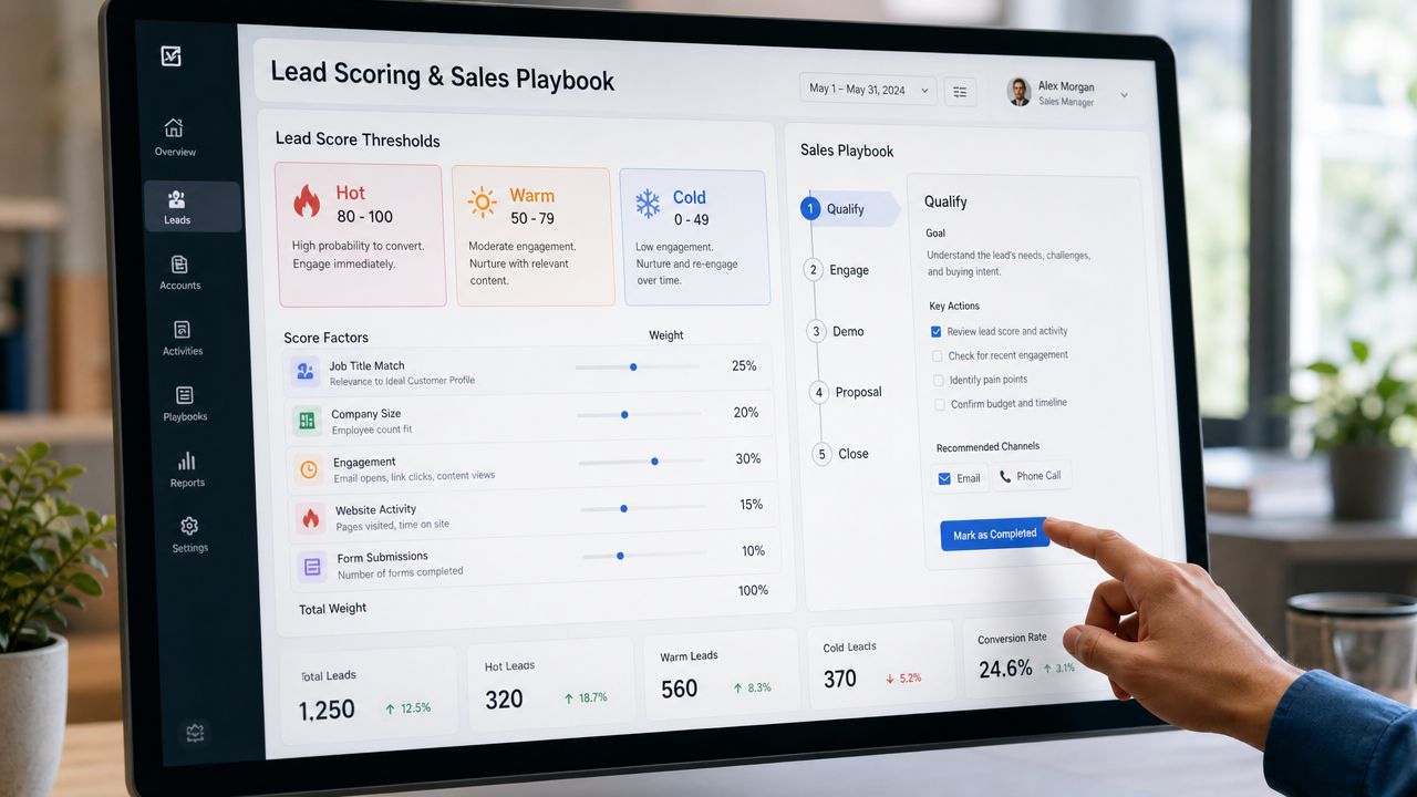 A hand touching a computer screen displaying a lead scoring dashboard and sales playbook interface.