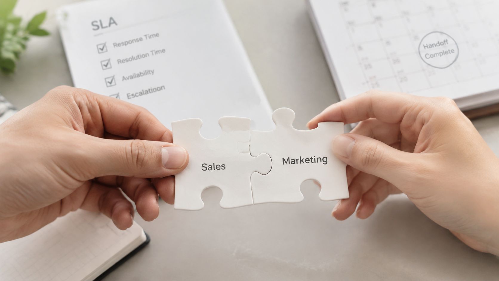 Two people connecting jigsaw puzzle pieces labeled Sales and Marketing to represent business alignment and integration.