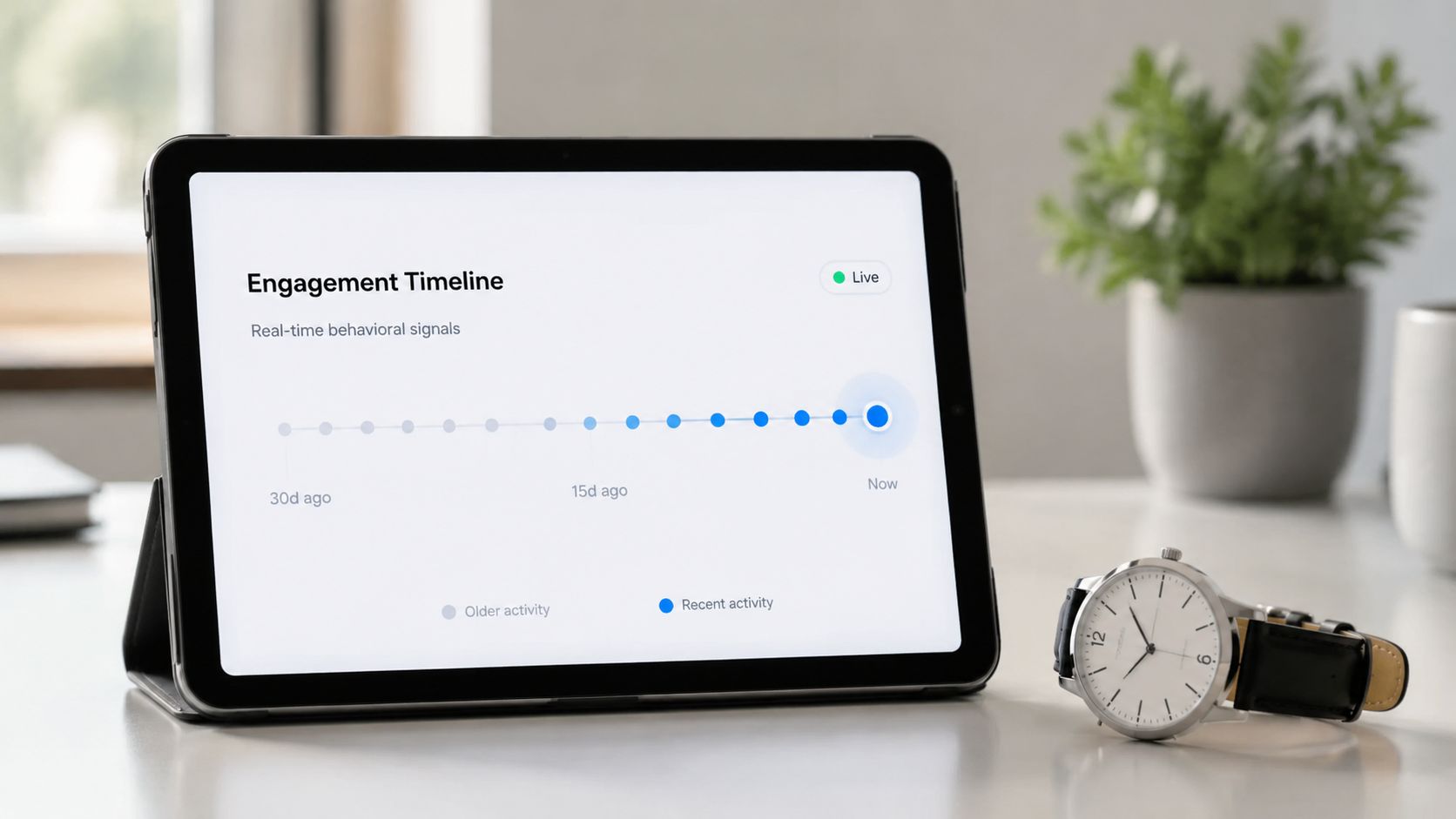 A digital tablet displaying an engagement timeline chart showing recent and older customer behavioral data.