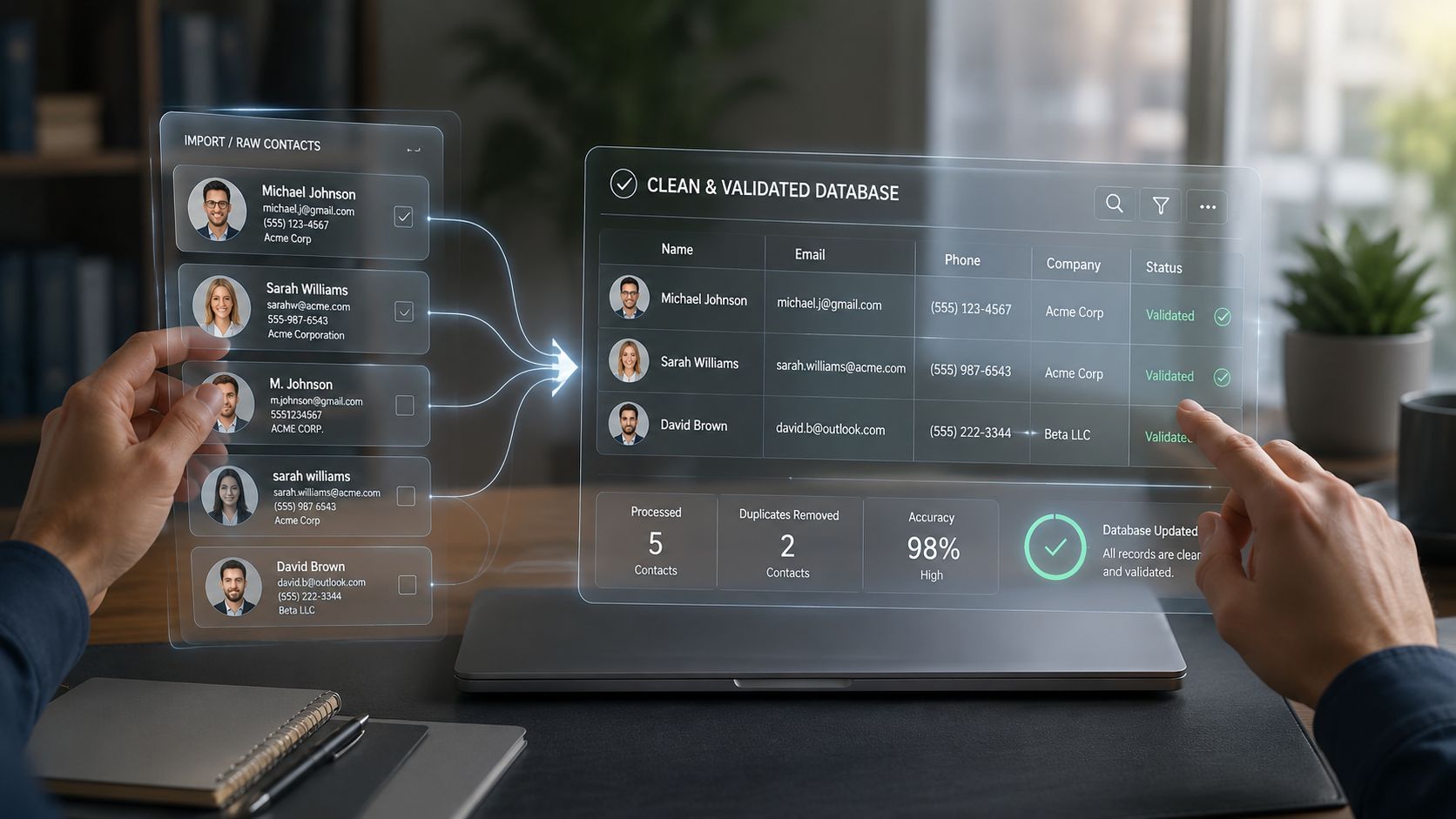 A person using holographic screens to clean and validate contact data lists for professional database management.