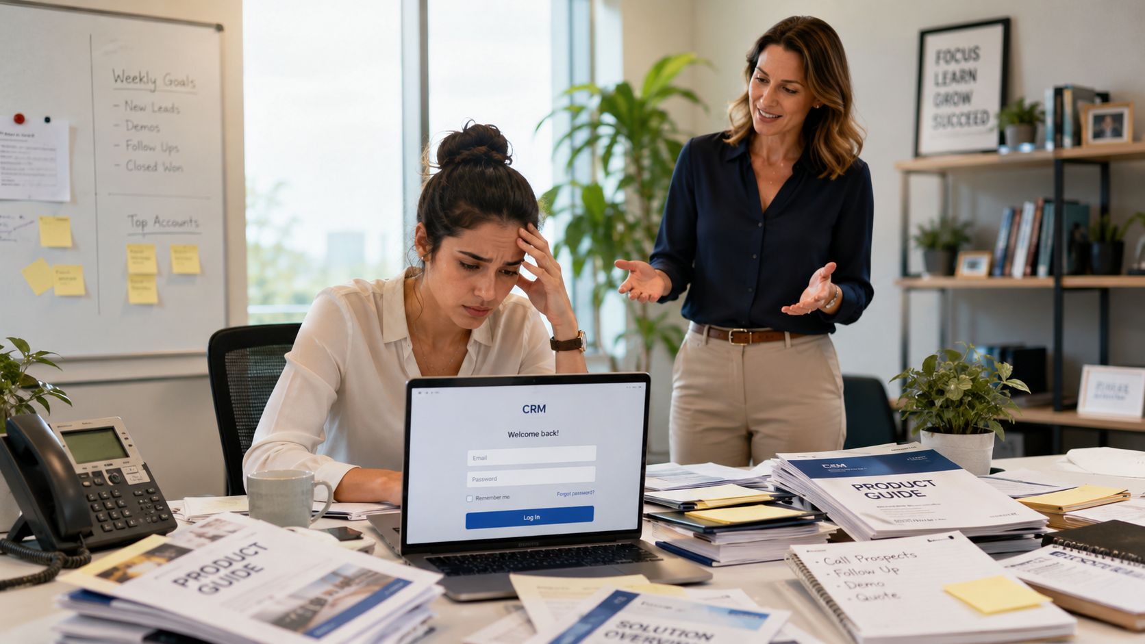 An office environment showing a frustrated employee struggling with a CRM login while a manager offers support.