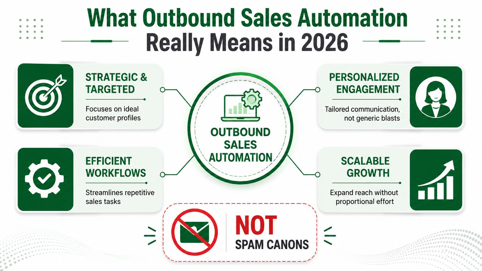 An infographic titled What Outbound Sales Automation Really Means in 2026, highlighting key benefits and processes.