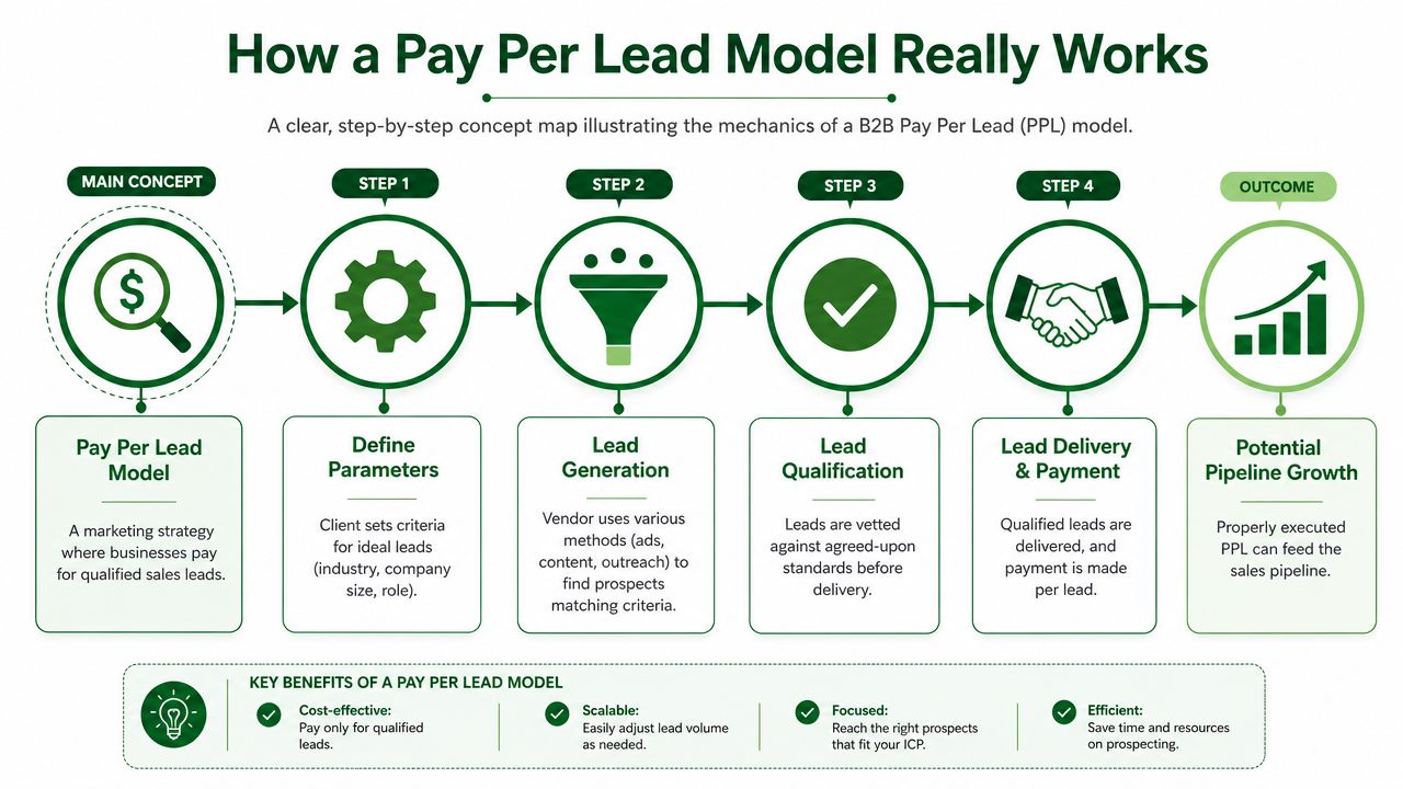 A diagram illustrating the step-by-step B2B pay per lead model process from defining criteria to pipeline growth.