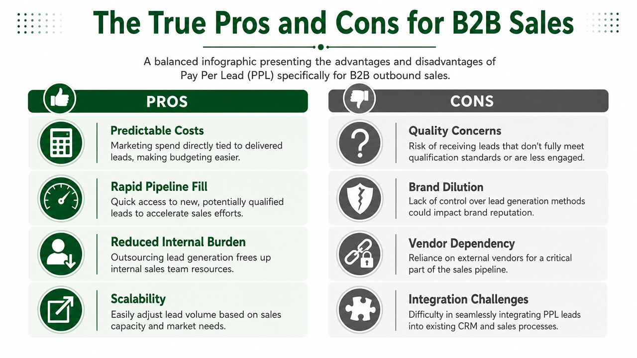 An infographic showing the advantages and disadvantages of using pay per lead services for B2B sales.