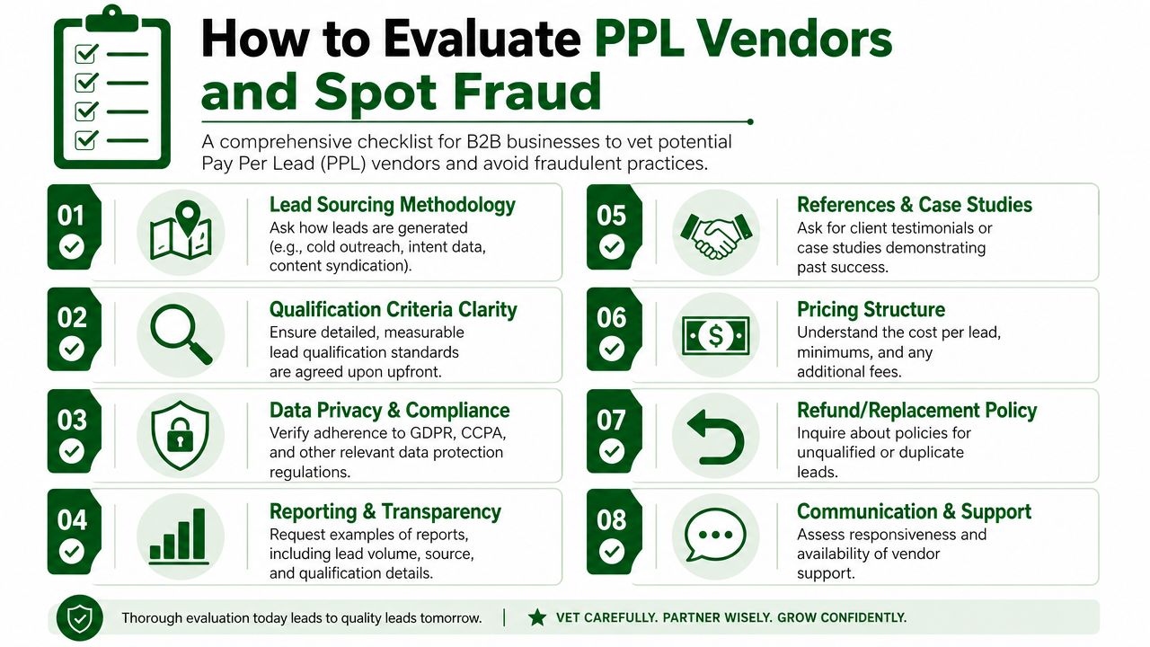 A comprehensive checklist for B2B businesses to evaluate PPL vendors and effectively spot potential lead fraud.