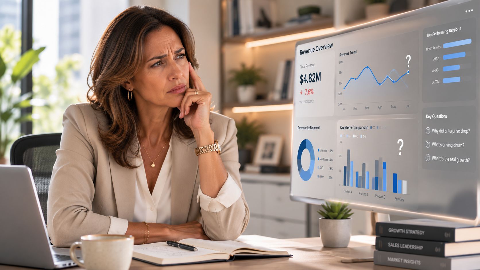 A businesswoman looking thoughtfully at a digital dashboard displaying various business revenue and sales analytics charts.