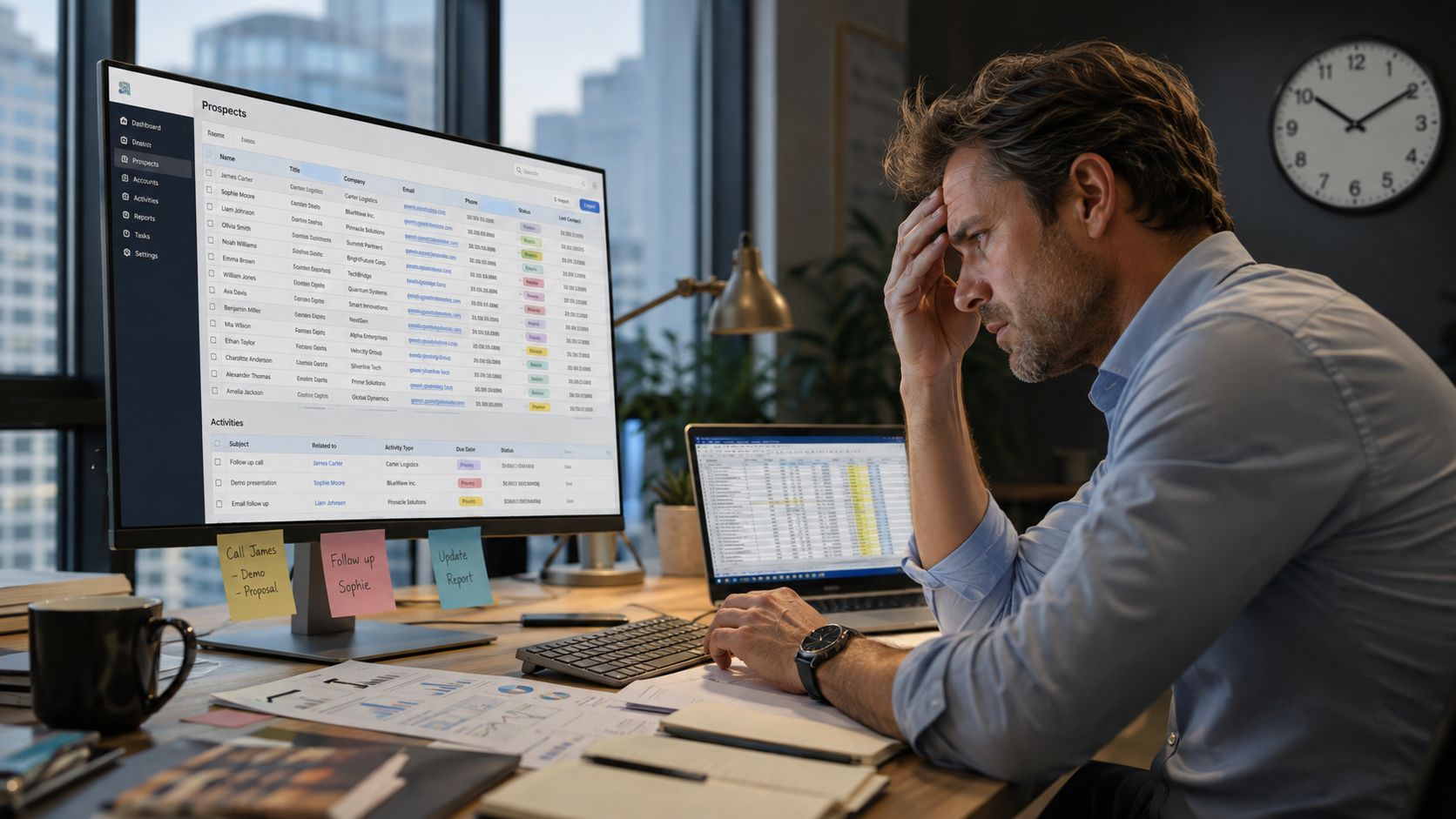 A stressed businessman working at his desk with a computer displaying a prospect list management software.