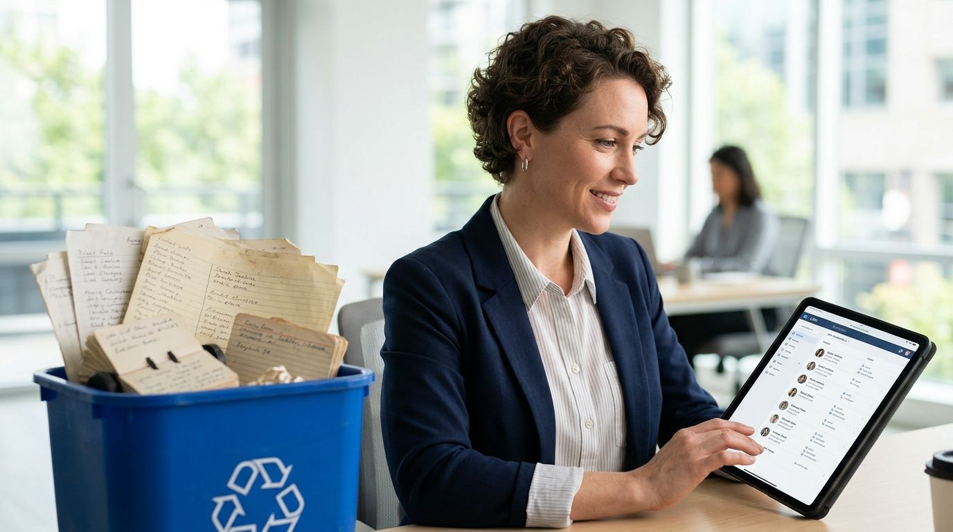 A professional woman uses a digital tablet while sitting next to a recycling bin full of papers.