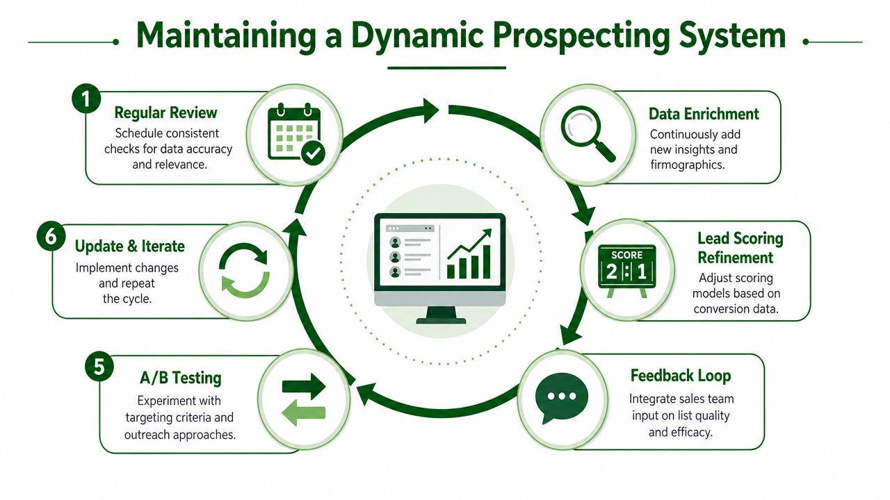 A circular infographic detailing six essential steps for maintaining a dynamic and effective business prospecting system.