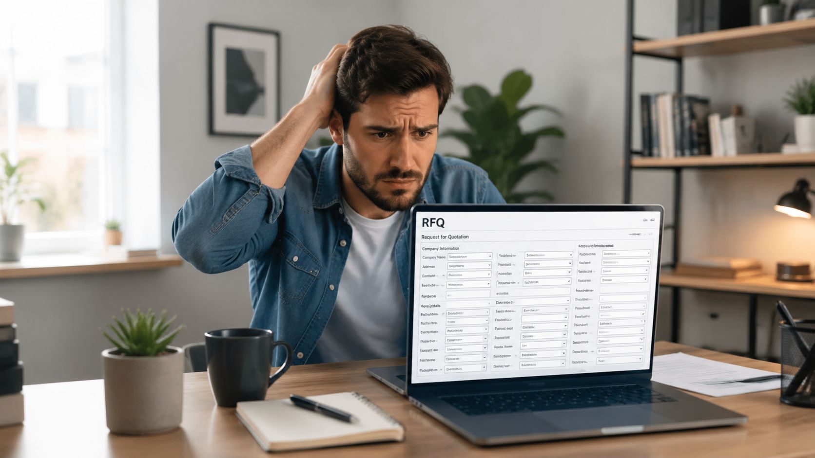A frustrated man sits at a desk looking at a complex Request for Quotation form on his laptop.