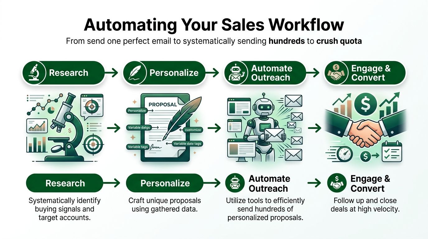 A diagram outlining a four-step automated sales workflow from research and personalization to outreach and conversion.