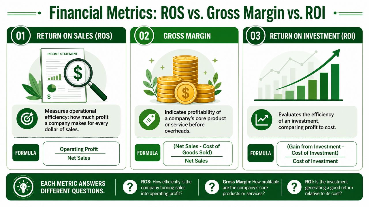 An infographic comparing financial metrics including return on sales, gross margin, and return on investment with formulas.