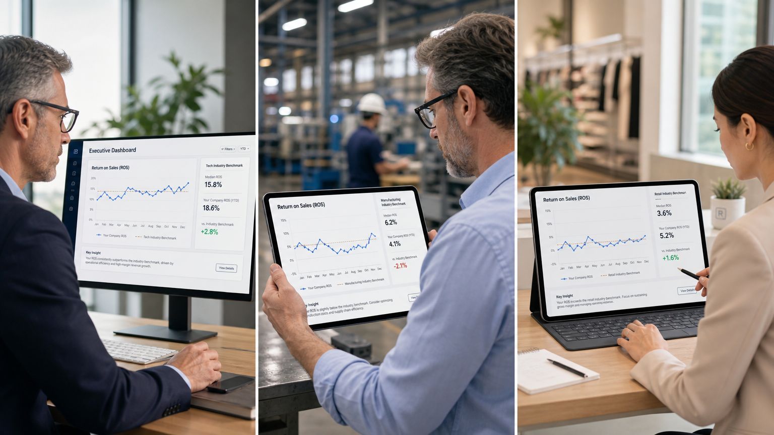 Three professional people reviewing Return on Sales metrics on different digital devices in various work environments.