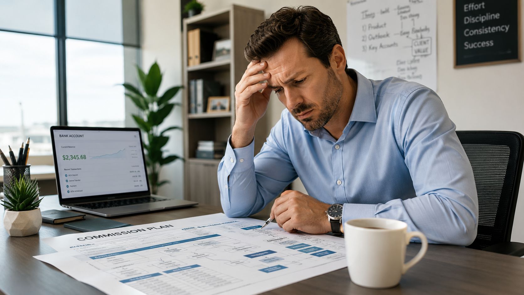 A stressed businessman analyzing a complex commission plan document at his office desk with a laptop.
