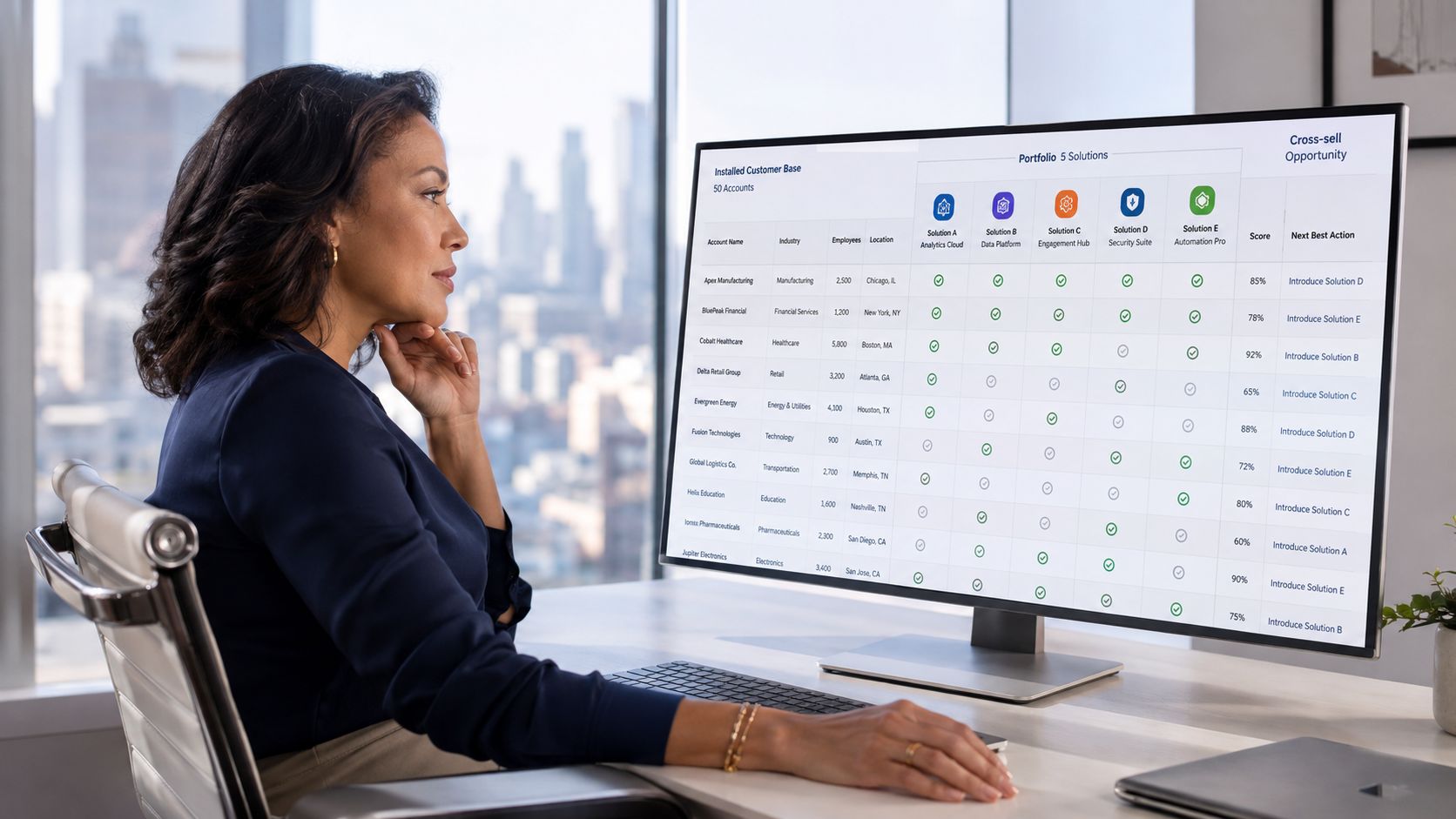 A professional woman viewing data analytics on a large computer monitor in a bright modern office.