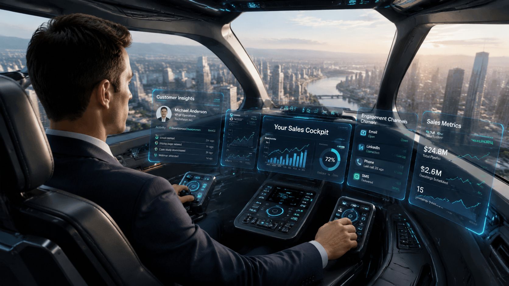 A professional man piloting a futuristic vehicle while monitoring digital sales data on holographic cockpit displays.