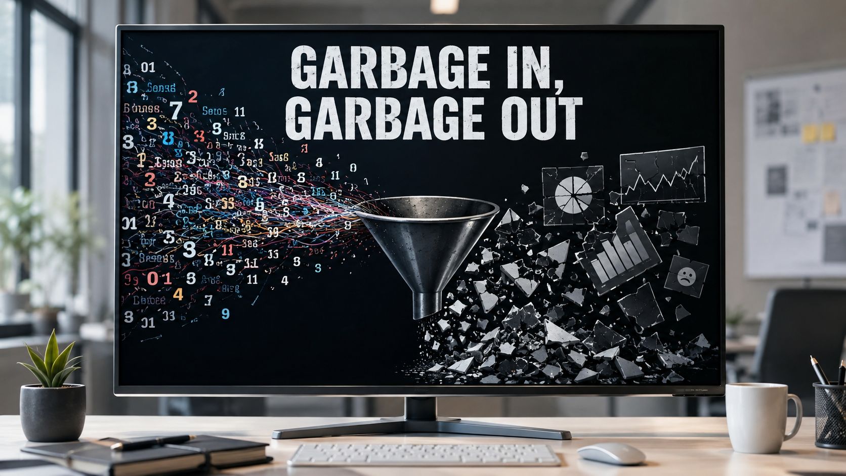 A computer monitor displaying the concept of garbage in, garbage out with data flowing through a funnel.