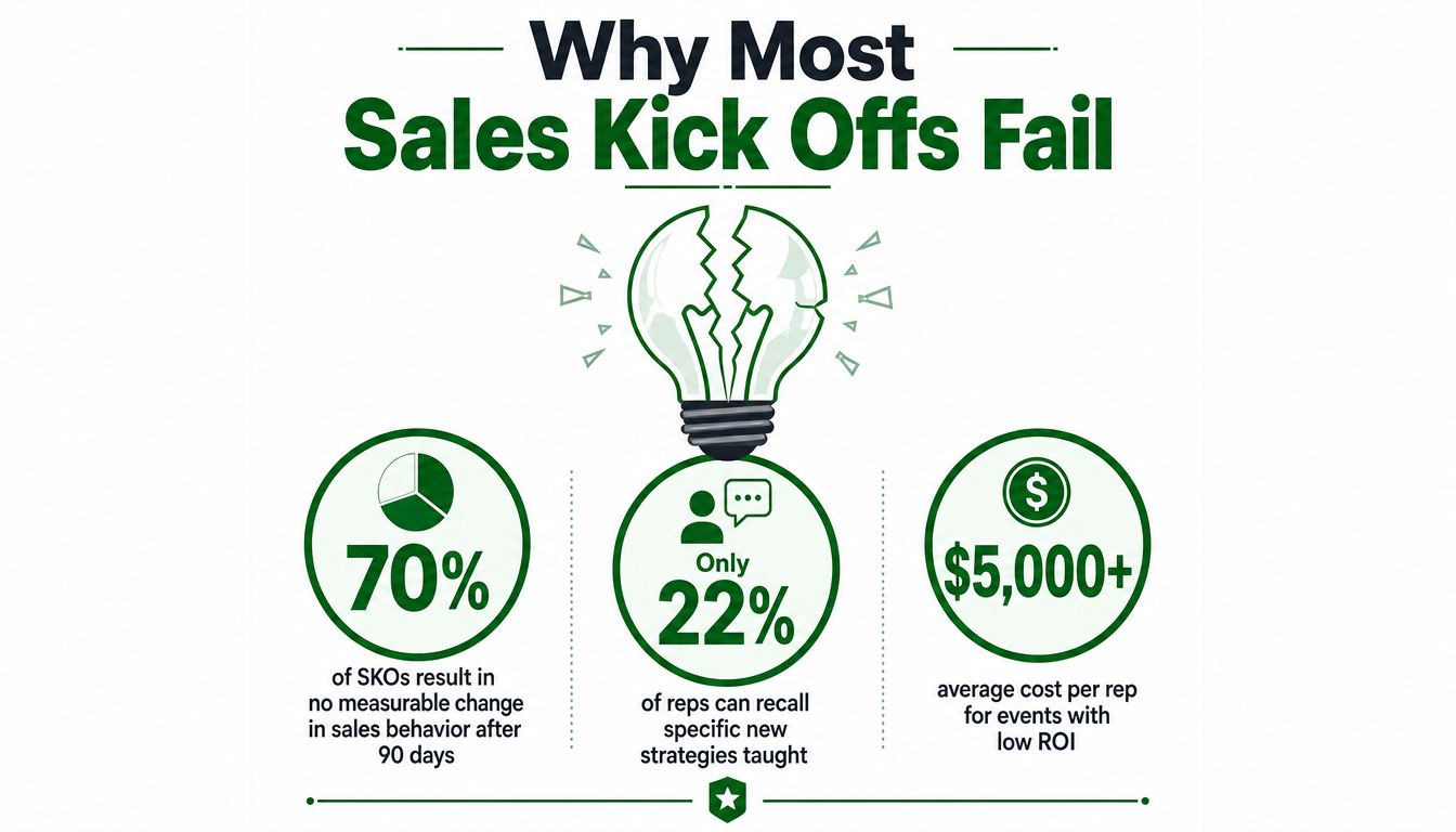 An infographic titled Why Most Sales Kick Offs Fail, showing statistics on low ROI and poor retention.